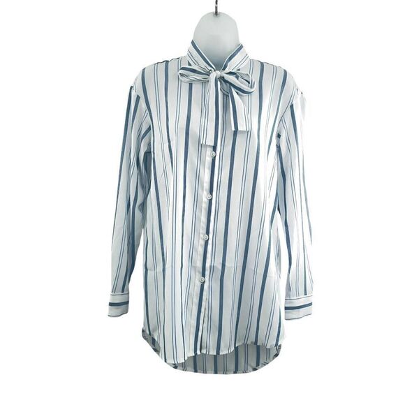 Elizabeth and James Button Down Tunic Shirt Women's XS White Blue Striped Light - Picture 2 of 12